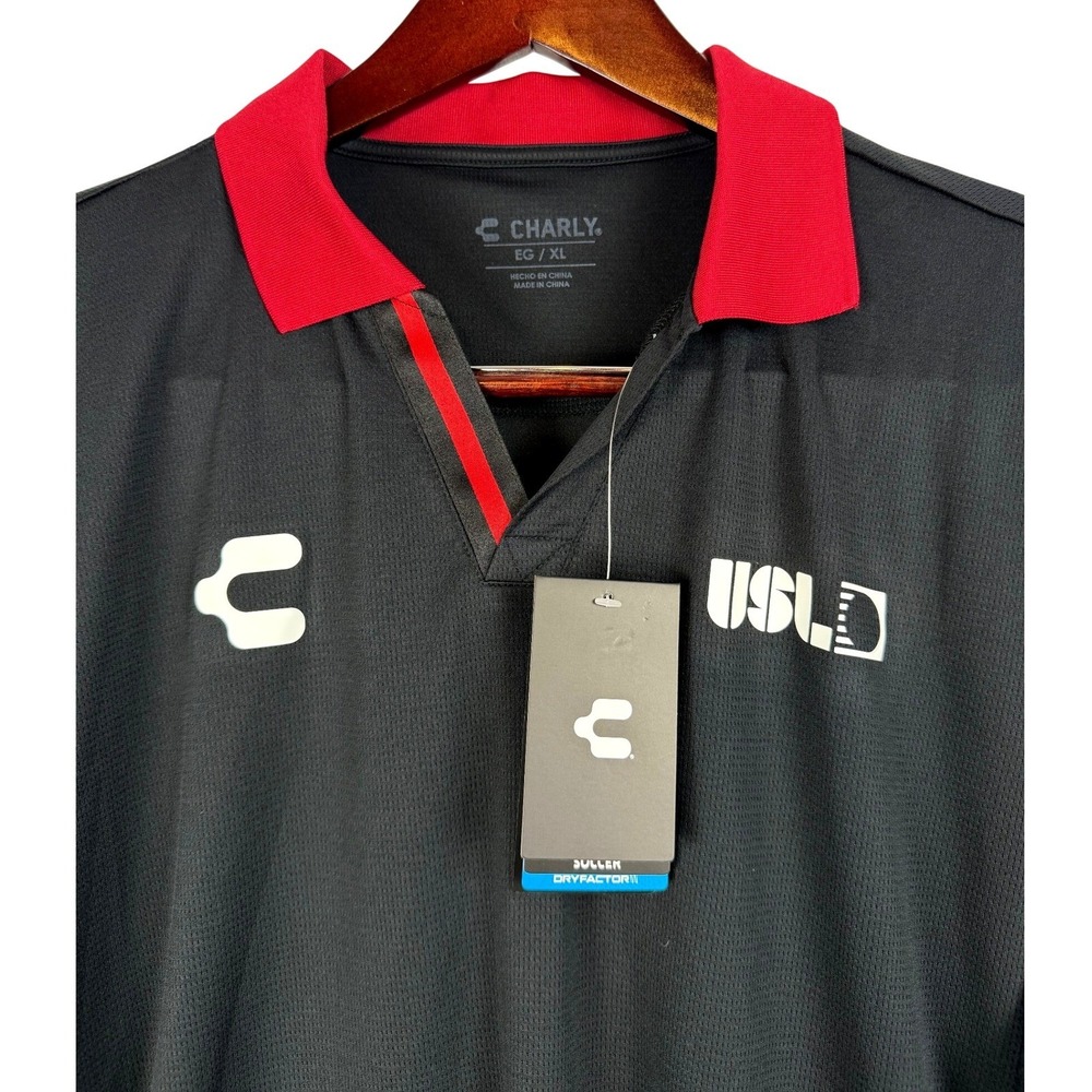 Charly Mens XL Soccer Polo Shirt USLD Black Rojo Red‎ Dry Factor NWT